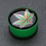 Detail View 1 of A Pair of Pot Leaf Single Flared Ear Gauge Plug-Green