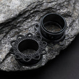 Detail View 1 of A Pair of Blackline Verdant Filigree Single Flared Ear Gauge Tunnel Plug-Black