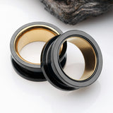 Detail View 1 of A Pair of Golden Black Screw-Fit Eyelet Tunnel Plug