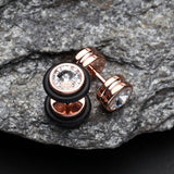 Detail View 1 of A Pair of Rose Gold PVD Gem Top Fake Plug with O-Rings-Clear Gem