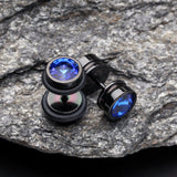 Detail View 1 of A Pair of Blackline Pointy Crystalline Faux Gauge Plug Earring-Black/Blue