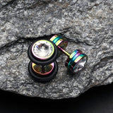 Detail View 1 of A Pair of Blackline Pointy Crystalline Faux Gauge Plug Earring-Rainbow/Clear