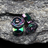 Detail View 1 of A Pair of Full Bloom Rose Iridescent Metallic Pearl Fake Plug-Black