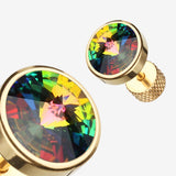 Detail View 1 of A Pair of Golden Pointy Faceted Crystal Fake Plug Earring-Aurora Borealis