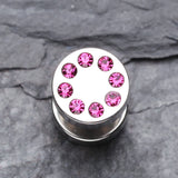 Detail View 2 of A Pair of Multi Gem Encircled Steel Fake Plug Earring-Fuchsia
