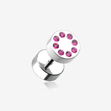 A Pair of Multi Gem Encircled Steel Fake Plug Earring-Fuchsia
