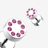 Detail View 1 of A Pair of Multi Gem Encircled Steel Fake Plug Earring-Fuchsia