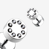 Detail View 1 of A Pair of Multi Gem Encircled Steel Fake Plug Earring-Hematite