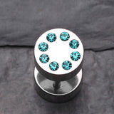 Detail View 2 of A Pair of Multi Gem Encircled Steel Fake Plug Earring-Teal