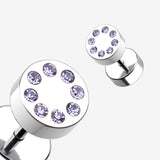 Detail View 1 of A Pair of Multi Gem Encircled Steel Fake Plug Earring-Tanzanite