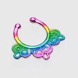 Detail View 2 of Rainbow Florid Filigree Fake Septum Clip-On Ring-Rainbow