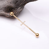 Detail View 1 of Implant Grade Titanium Golden Sparkle Lined Multi-Gem Cross Industrial Barbell-Clear Gem