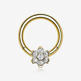 Implant Grade Titanium Golden Brilliant Flower Sparkle Clicker Hoop Ring-Clear Gem