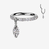 Implant Grade Titanium Marquise Sparkle Dangle Gem Lined Clicker Hoop Ring-Clear Gem