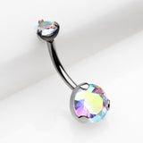 Detail View 2 of Implant Grade Titanium Internally Threaded Prong Set Belly Button Ring-Aurora Borealis