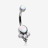 Implant Grade Titanium Internally Threaded Bali Bead Fire Opal Sparkle Belly Button Ring-White Opal/Clear Gem