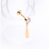 Detail View 1 of Implant Grade Titanium Golden Gem Sparkle Teardrop Dangle Internally Threaded Flat Back Stud Labret-Clear Gem