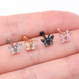 Detail View 3 of Implant Grade Titanium Rose Gold Butterfly Sparkle Internally Threaded Flat Back Stud Labret-Pink