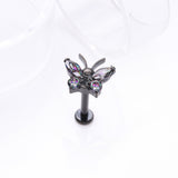 Detail View 1 of Implant Grade Titanium Blackline Butterfly Sparkle Internally Threaded Flat Back Stud Labret-Vitrail Medium