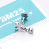 Detail View 4 of Implant Grade Titanium Marquise Flower Sparkle Dangle Internally Threaded Flat Back Stud Labret-Clear Gem