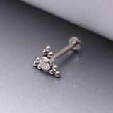 Detail View 1 of Implant Grade Titanium Sparkle Trinity Bali Beads Top Internally Threaded Flat Back Stud Labret-Clear Gem