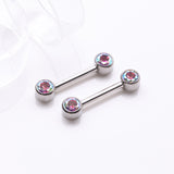 Detail View 1 of A Pair of Implant Grade Titanium Bezel Set Sparkle Internally Threaded Nipple Barbell-Aurora Borealis