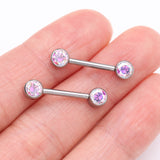 Detail View 2 of A Pair of Implant Grade Titanium Bezel Set Sparkle Internally Threaded Nipple Barbell-Aurora Borealis