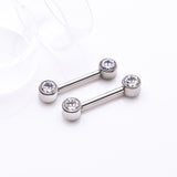 Detail View 1 of A Pair of Implant Grade Titanium Bezel Set Sparkle Internally Threaded Nipple Barbell-Clear Gem