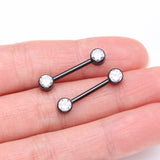 Detail View 2 of A Pair of Implant Grade Titanium Blackline Bezel Set Sparkle Internally Threaded Nipple Barbell-Clear Gem