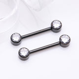 Detail View 1 of A Pair of Implant Grade Titanium Blackline Bezel Set Sparkle Internally Threaded Nipple Barbell-Clear Gem