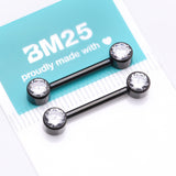 Detail View 3 of A Pair of Implant Grade Titanium Blackline Bezel Set Sparkle Internally Threaded Nipple Barbell-Clear Gem