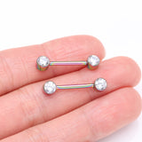 Detail View 2 of A Pair of Implant Grade Titanium Colorline Bezel Set Sparkle Internally Threaded Nipple Barbell-Clear Gem
