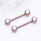 Detail View 1 of A Pair of Implant Grade Titanium Colorline Bezel Set Sparkle Internally Threaded Nipple Barbell-Clear Gem