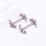 Detail View 1 of A Pair of Implant Grade Titanium Sparkle Ray Internally Threaded Nipple Barbell-Aurora Borealis