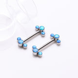 Detail View 1 of A Pair of Implant Grade Titanium Fire Opal Trio Internally Threaded Nipple Barbell-Blue Opal