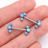 Detail View 2 of A Pair of Implant Grade Titanium Fire Opal Trio Internally Threaded Nipple Barbell-Blue Opal