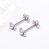 Detail View 1 of A Pair of Implant Grade Titanium Fire Opal Trio Internally Threaded Nipple Barbell-Purple Opal