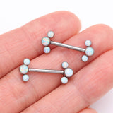 Detail View 2 of A Pair of Implant Grade Titanium Fire Opal Trio Internally Threaded Nipple Barbell-White Opal