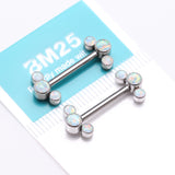 Detail View 3 of A Pair of Implant Grade Titanium Fire Opal Trio Internally Threaded Nipple Barbell-White Opal