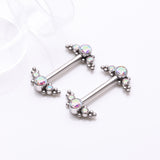 Detail View 1 of A Pair of Implant Grade Titanium Sparkle Bali Arc Internally Threaded Nipple Barbell-Aurora Borealis
