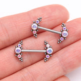 Detail View 2 of A Pair of Implant Grade Titanium Sparkle Bali Arc Internally Threaded Nipple Barbell-Aurora Borealis