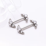 Detail View 1 of A Pair of Implant Grade Titanium Sparkle Bali Arc Internally Threaded Nipple Barbell-Clear Gem