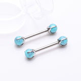 Detail View 1 of A Pair of Implant Grade Titanium Turquoise Stone Ball Claw Prong Internally Threaded Nipple Barbell