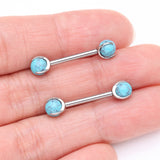 Detail View 2 of A Pair of Implant Grade Titanium Turquoise Stone Ball Claw Prong Internally Threaded Nipple Barbell