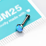Detail View 3 of Implant Grade Titanium OneFit Threadless Fire Opal Prong Set Top Flat Back Stud Labret-Blue Opal