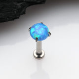 Detail View 1 of Implant Grade Titanium OneFit Threadless Fire Opal Prong Set Top Flat Back Stud Labret-Blue Opal