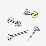 Detail View 1 of Implant Grade Titanium OneFit Threadless Golden Triangle Gem Sparkle Top Flat Back Labret-Clear Gem