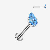 Implant Grade Titanium OneFit Threadless Teardrop Gem Sparkle Top Flat Back Labret-Aqua
