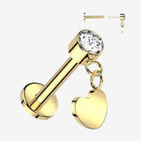 Implant Grade Titanium OneFit Threadless Golden Sparkle Dangle Heart Top Flat Back Labret-Clear Gem