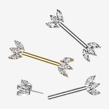 Detail View 1 of A Pair of Implant Grade Titanium OneFit Threadless Golden Marquise Flower Sparkle Nipple Barbell-Clear Gem
